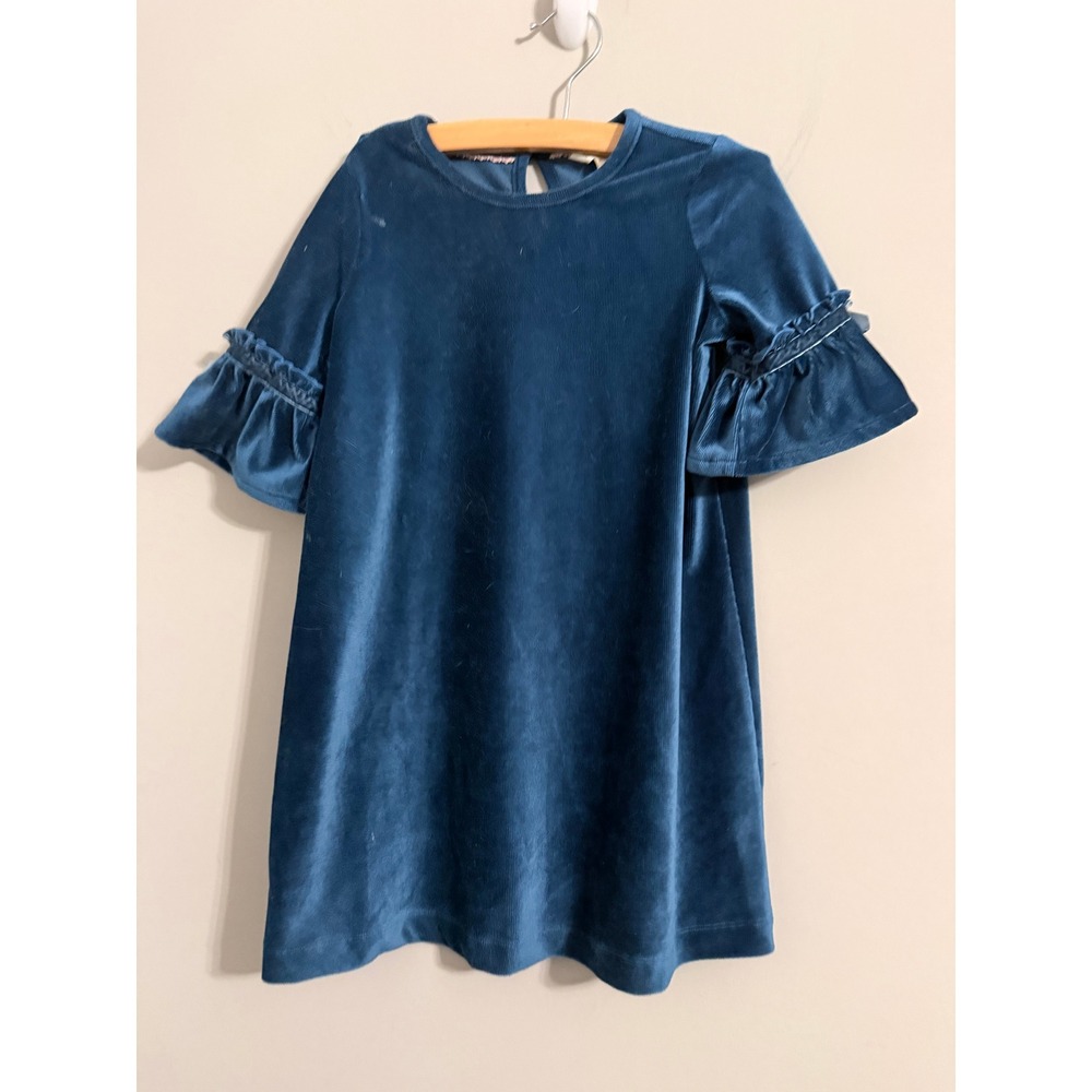 Matilda Jane Velvet Dress Girls 6 Teal Blue Ruffle Sleeve Ribbed Shift